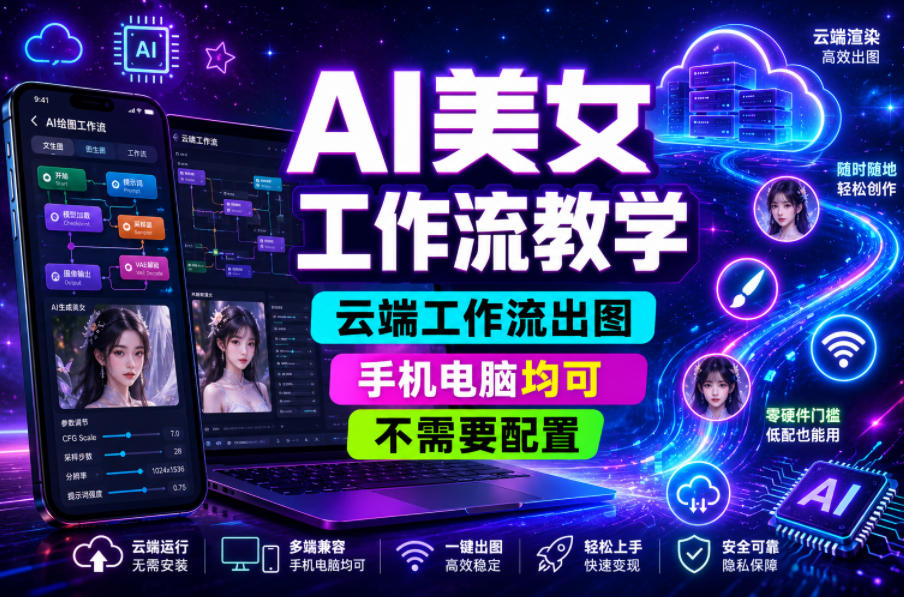 AI美女工作流教学,云端工作流出图,手机电脑均可,不需要配置,快速起号涨粉-轻创资源网