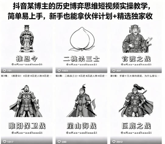 抖音某博主的历史博弈思维短视频实操教学，简单易上手，新手也能拿伙伴计划+精选独家收益-轻创资源网