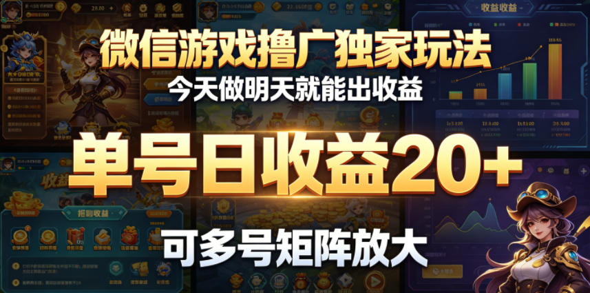 微信游戏撸广独家玩法，今天做明天就能出收益，单号日收益20+，可多号矩阵放大-轻创资源网