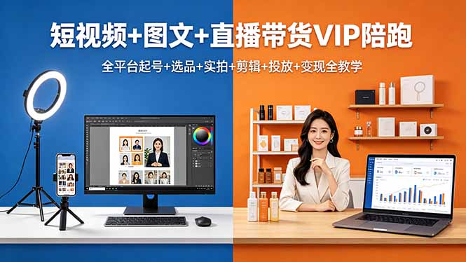 短视频+图文+直播带货VIP陪跑，全平台起号+选品+实拍+剪辑+投放+变现全教学-轻创资源网