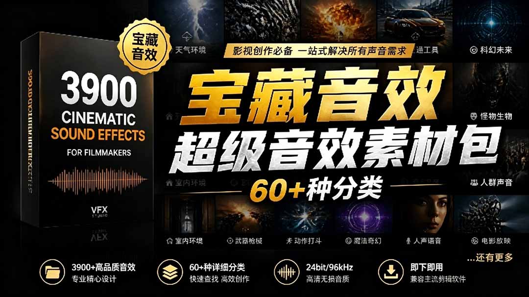 宝藏音效合集包！60+多种音效分类，共计3900个，分类清晰，全中文分类，高品质剪辑音效素材包-轻创资源网