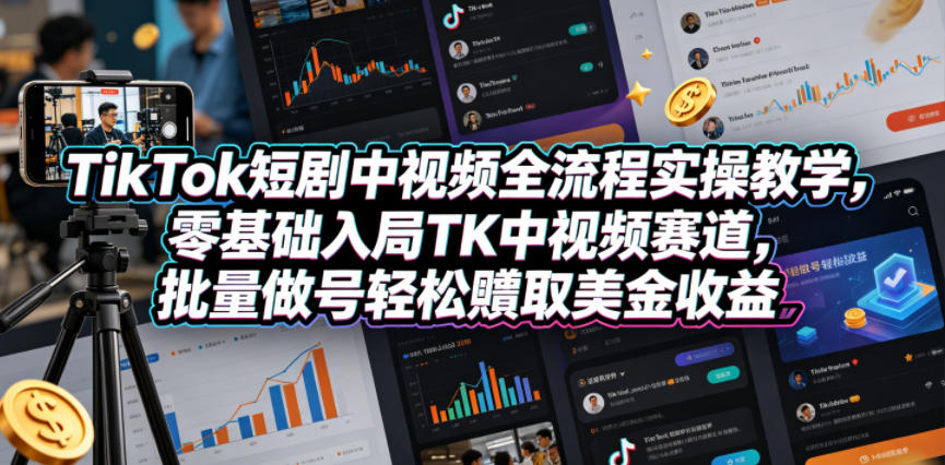 TikTok短剧中视频全流程实操教学，零基础入局TK中视频赛道，批量做号轻松賺取美金收益-轻创资源网