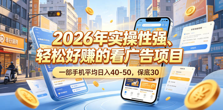 2026年实操性强、轻松好賺的看广告项目，一部手机平均日入40-50，保底30米【揭秘】-轻创资源网