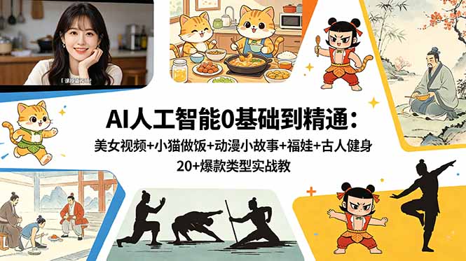 AI人工智能0基础到精通：美女视频+小猫做饭+动漫小故事+福娃+古人健身，20+爆款类型实战教学-轻创资源网