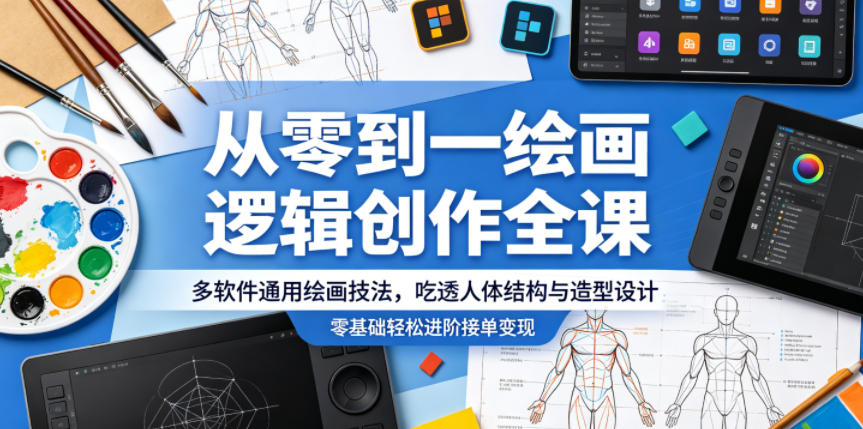 从零到一绘画逻辑创作全课，多软件通用绘画技法，吃透人体结构与造型设计，零基础轻松进阶接单变现-轻创资源网