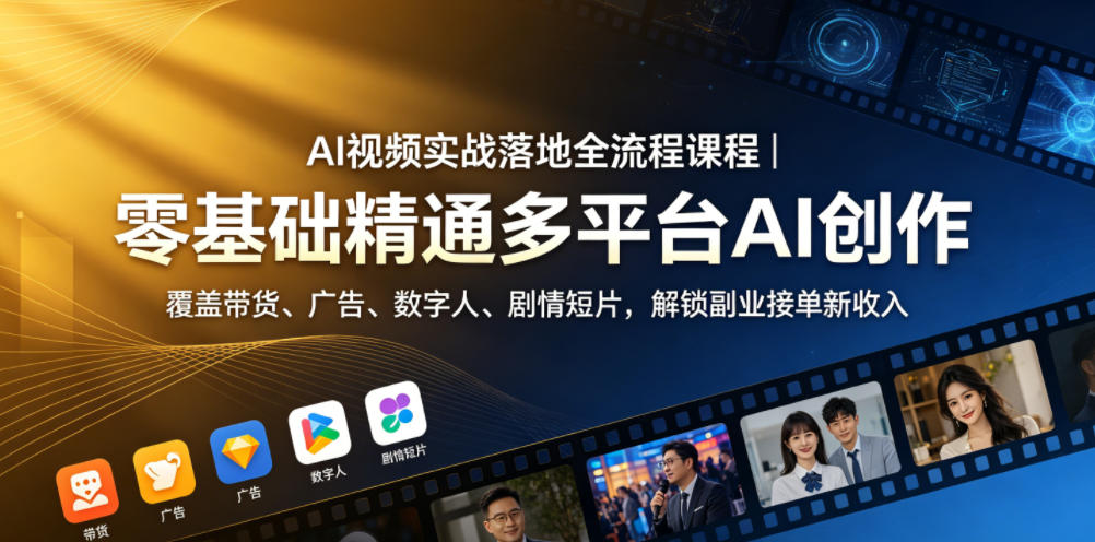 AI视频实战落地全流程课程｜零基础精通多平台AI创作，覆盖带货、广告、数字人、剧情短片，解锁副业接单新收入-轻创资源网