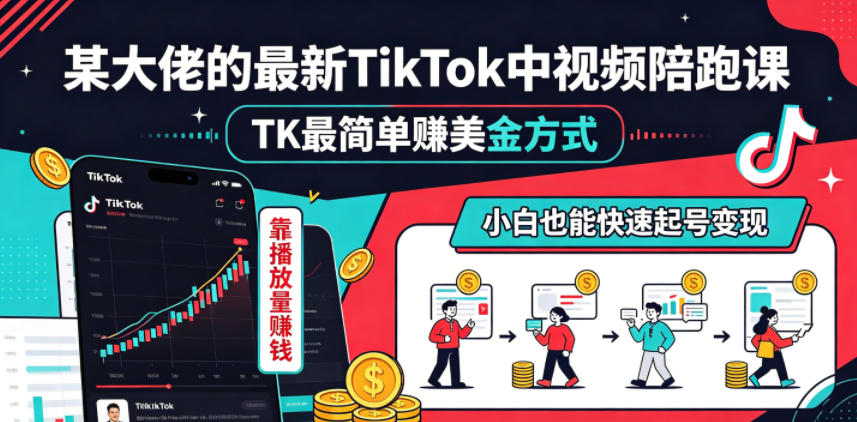 某大佬的最新TikTok中视频陪跑课，TK最简单賺美金方式，靠播放量賺钱，小白也能快速起号变现-轻创资源网