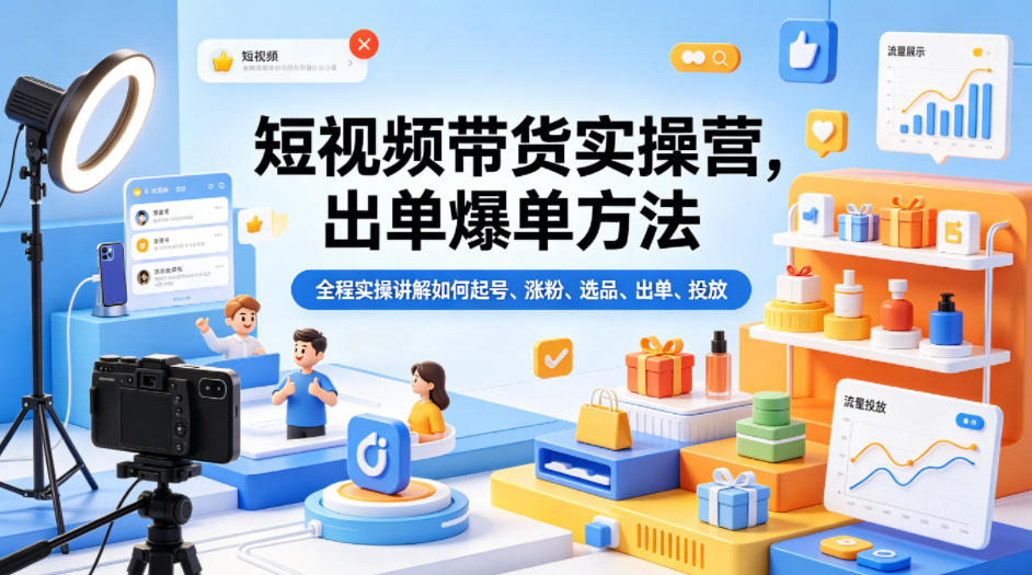 短视频带货实操营，出单爆单方法，全程实操讲解如何起号、涨粉、选品、出单、投放-轻创资源网