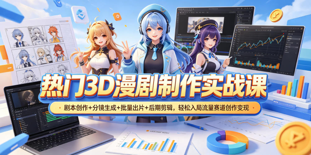 热门3D漫剧制作实战课，剧本创作+分镜生成+批量出片+后期剪辑，轻松入局流量赛道创作变现-轻创资源网