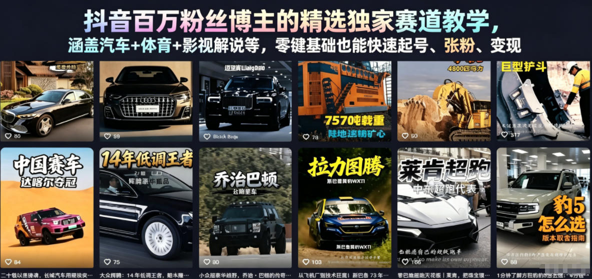 抖音百万粉丝博主的精选独家赛道教学，涵盖汽车+体育+影视解说等，零基础也能快速起号、涨粉、变现-轻创资源网