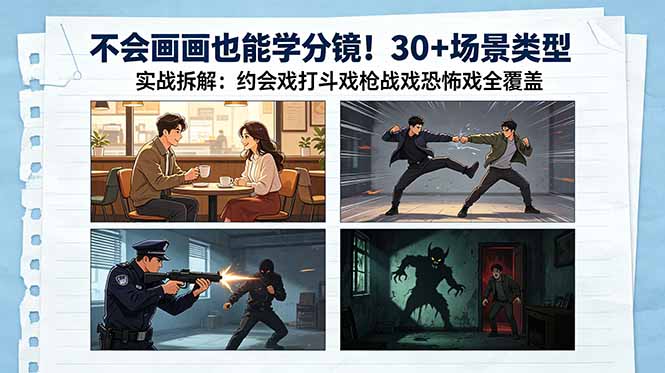 不会画画也能学分镜！30+场景类型实战拆解：约会戏打斗戏枪战戏恐怖戏全覆盖-轻创资源网