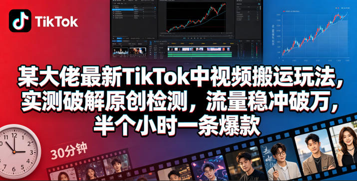 某大佬最新TikTok中视频搬运玩法，实测破解原创检测，流量稳冲破万，半个小时一条爆款-轻创资源网