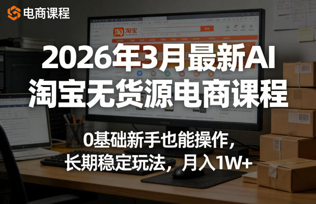 2026年3月最新AI淘宝无货源电商课程，0基础新手也能操作，长期稳定玩法，月入1W+（更新0410）