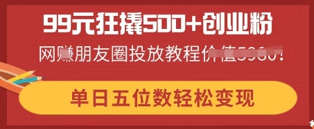 99元狂撬500+创业粉，单日五位数轻松变现，网创朋友圈投放教程-轻创资源网