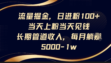 流量掘金,日进粉100+,当天上粉当天见钱,长期管道收入,每月躺挣5k-轻创资源网